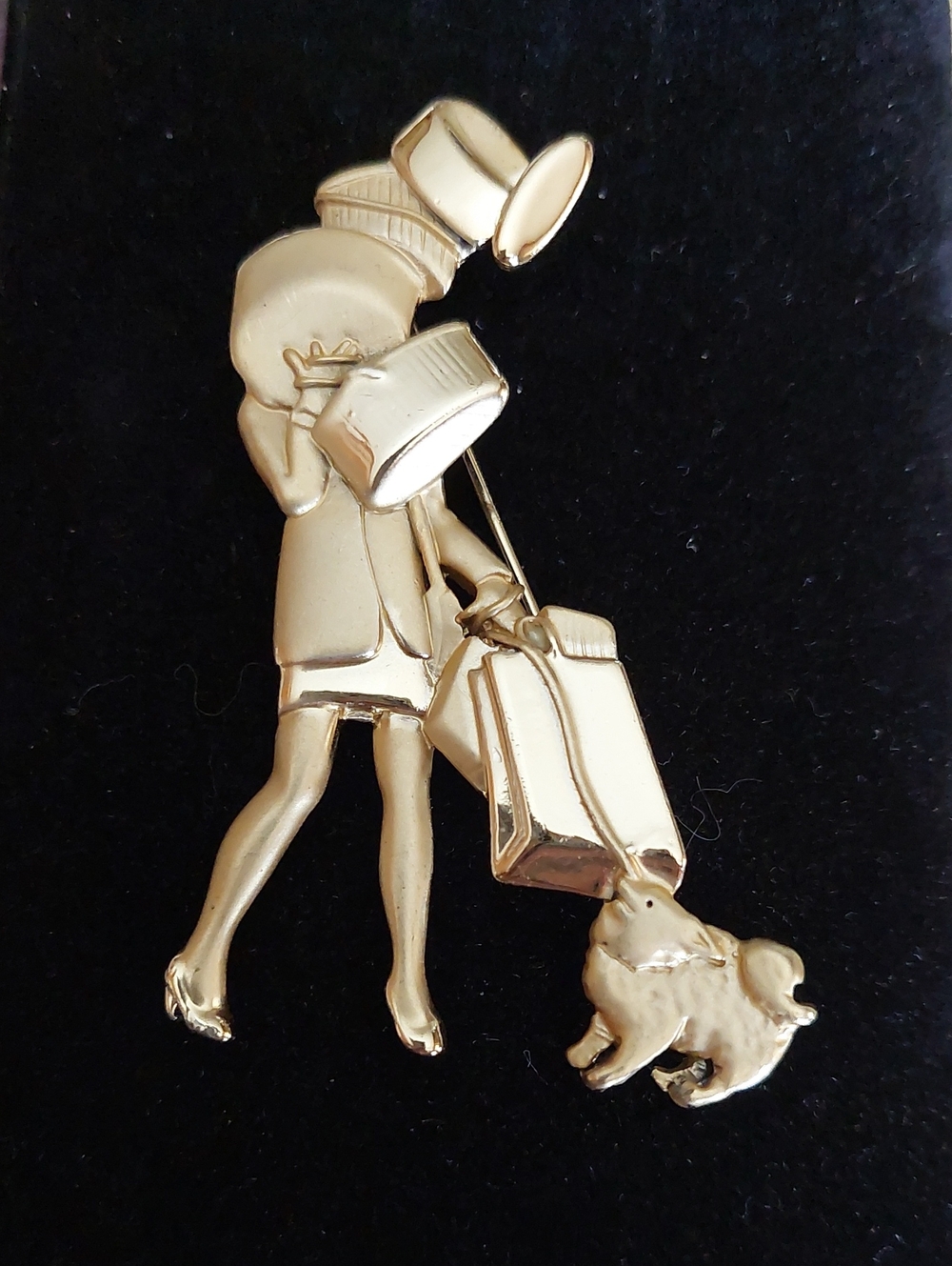 AJC Vtg Gold-Tone Shopping Lady with Dog Travel Brooch